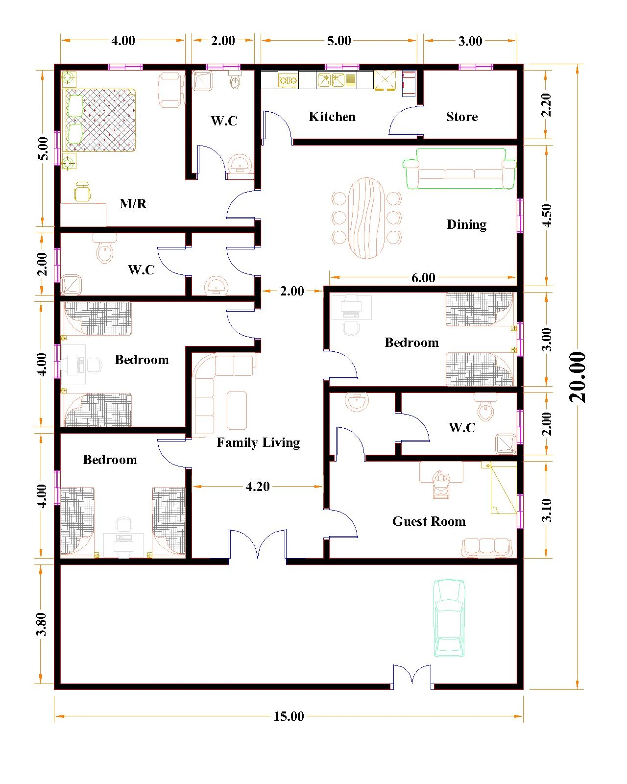 Modern family residence 15 by 20 house floor plan