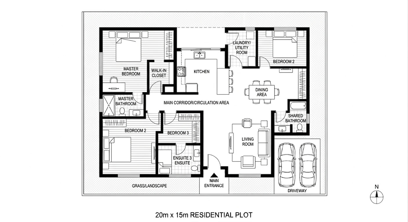 Residential two-dimensional floor plan with room layout