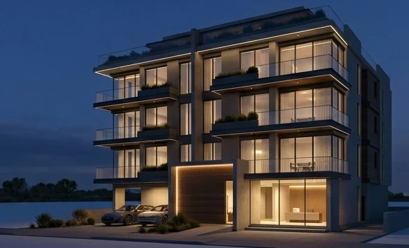 Night exterior render of the modern multi-story building