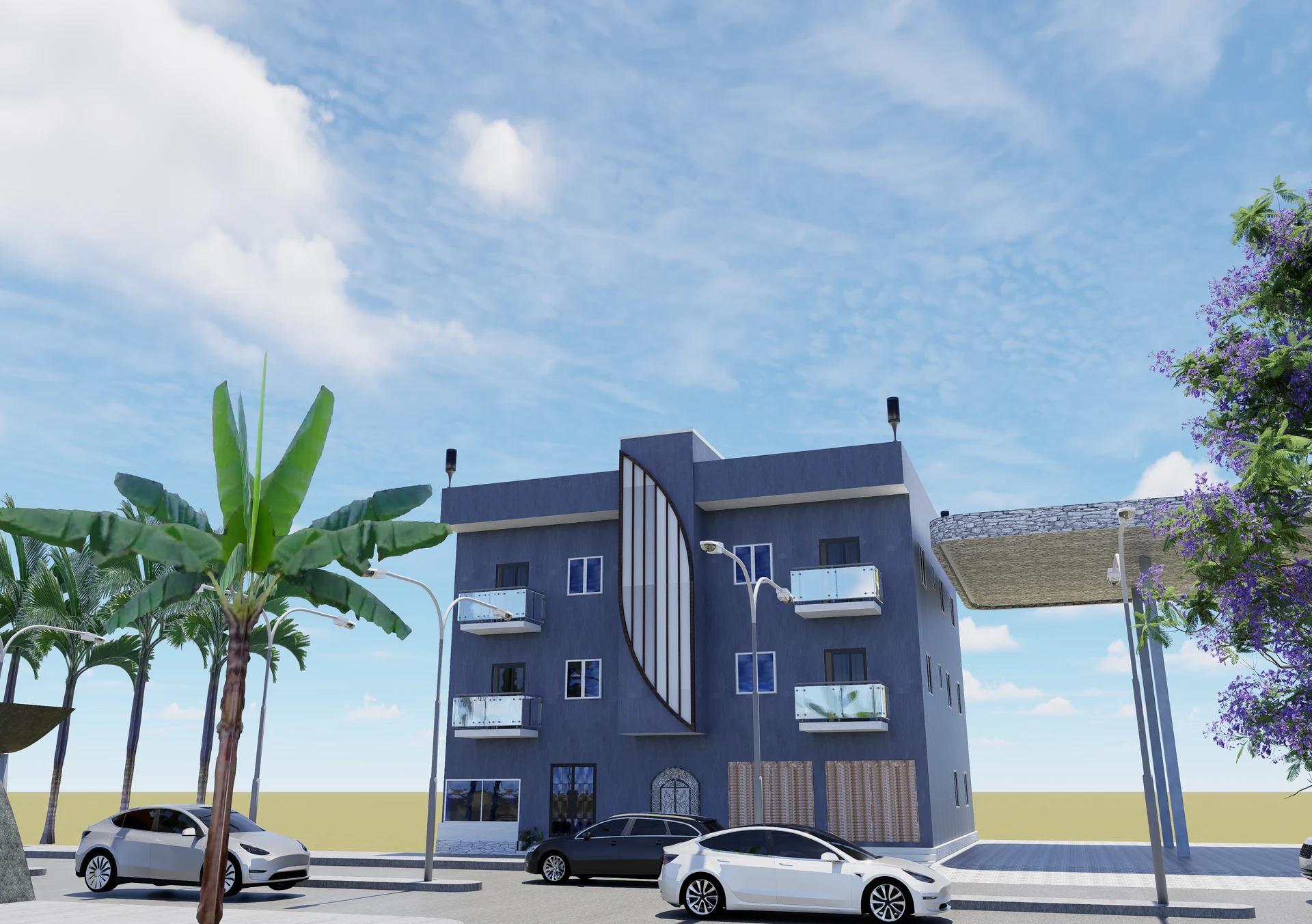 Front exterior render of the G+2 building design
