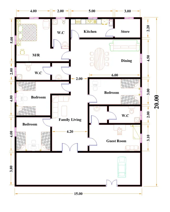 Modern family residence 15x20 plan